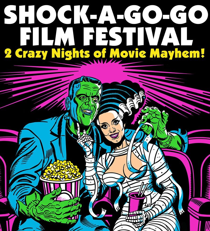Poster for Shock-A-Go-Go Film Festival, featuring a cartoon rendering of Frankenstein and his Bride.